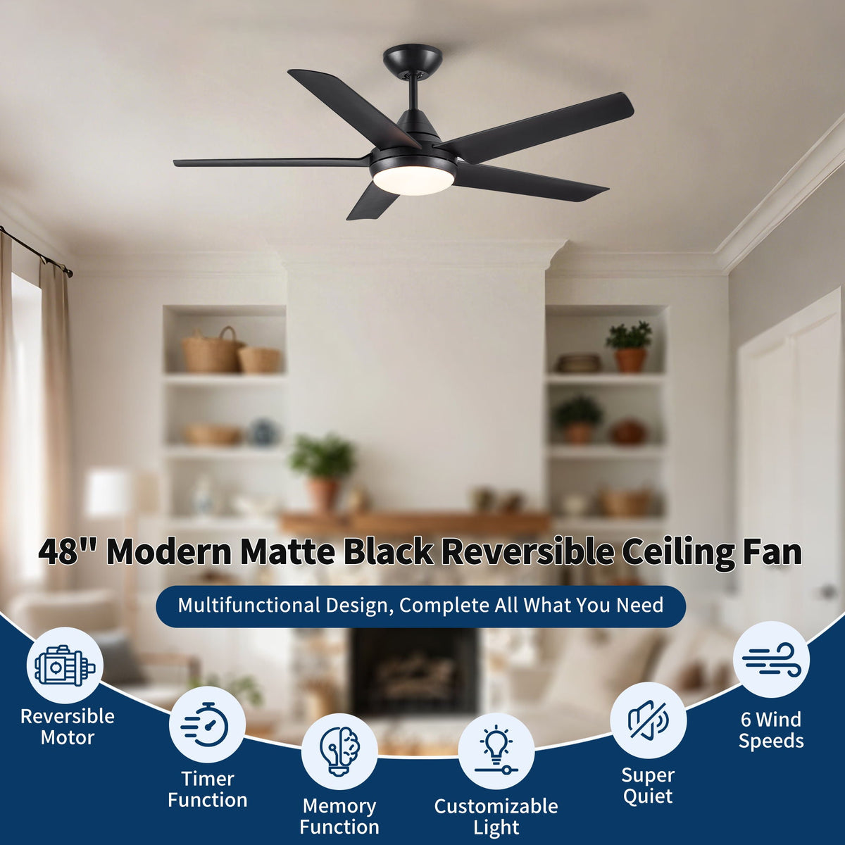 48" Black Ceiling Fan with Dimmable LED Light and Remote Control - Reversible Motor