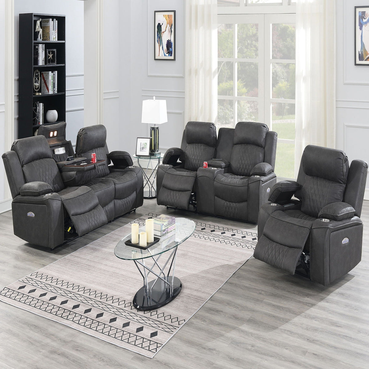 Power Motion Living Room Set with Adjustable Headrest & USB Port - Dark Brown or Dark Gray