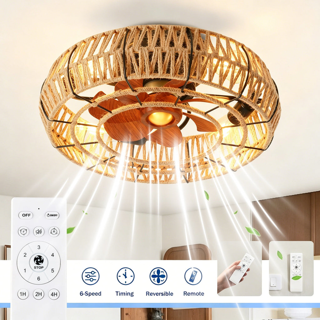 20" Rope Caged Flush Mount Ceiling Fan with Light Kit and Remote - Matte Black