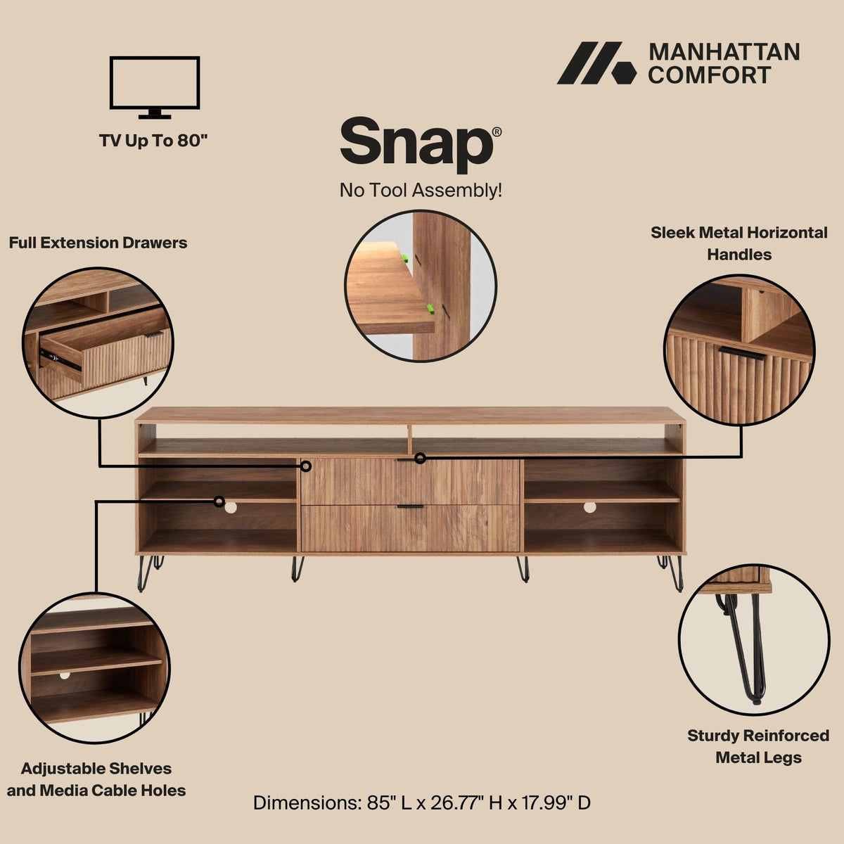 Fluted TV Stand with Storage and Metal Legs - Multiple Colors