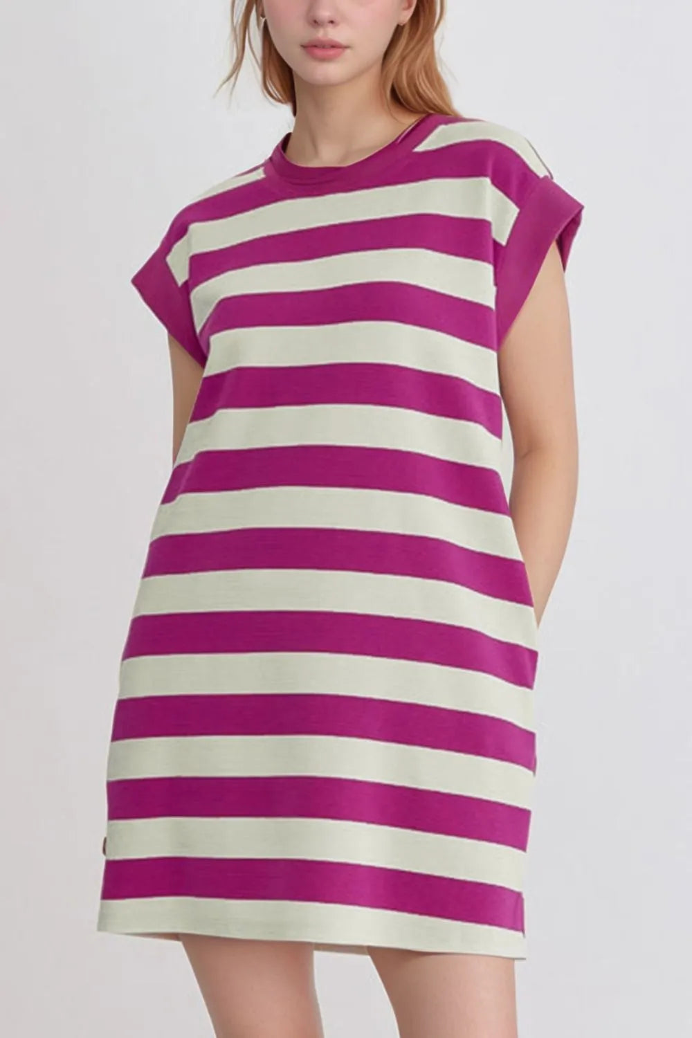Stripe Cap Sleeve Pocketed Shift Tee Dress