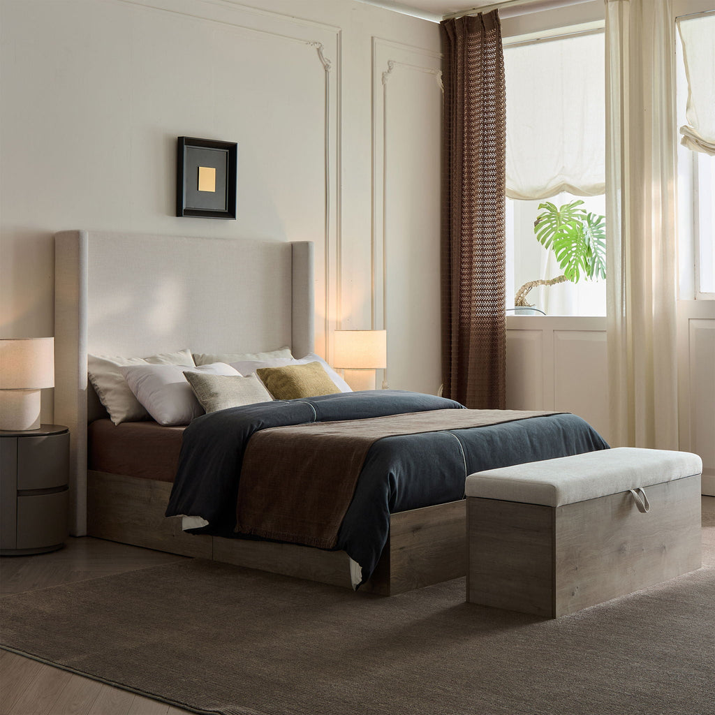 Queen Upholstered Wingback Bed with 54" High Headboard - Ivory / Light Gray / Camel Oak