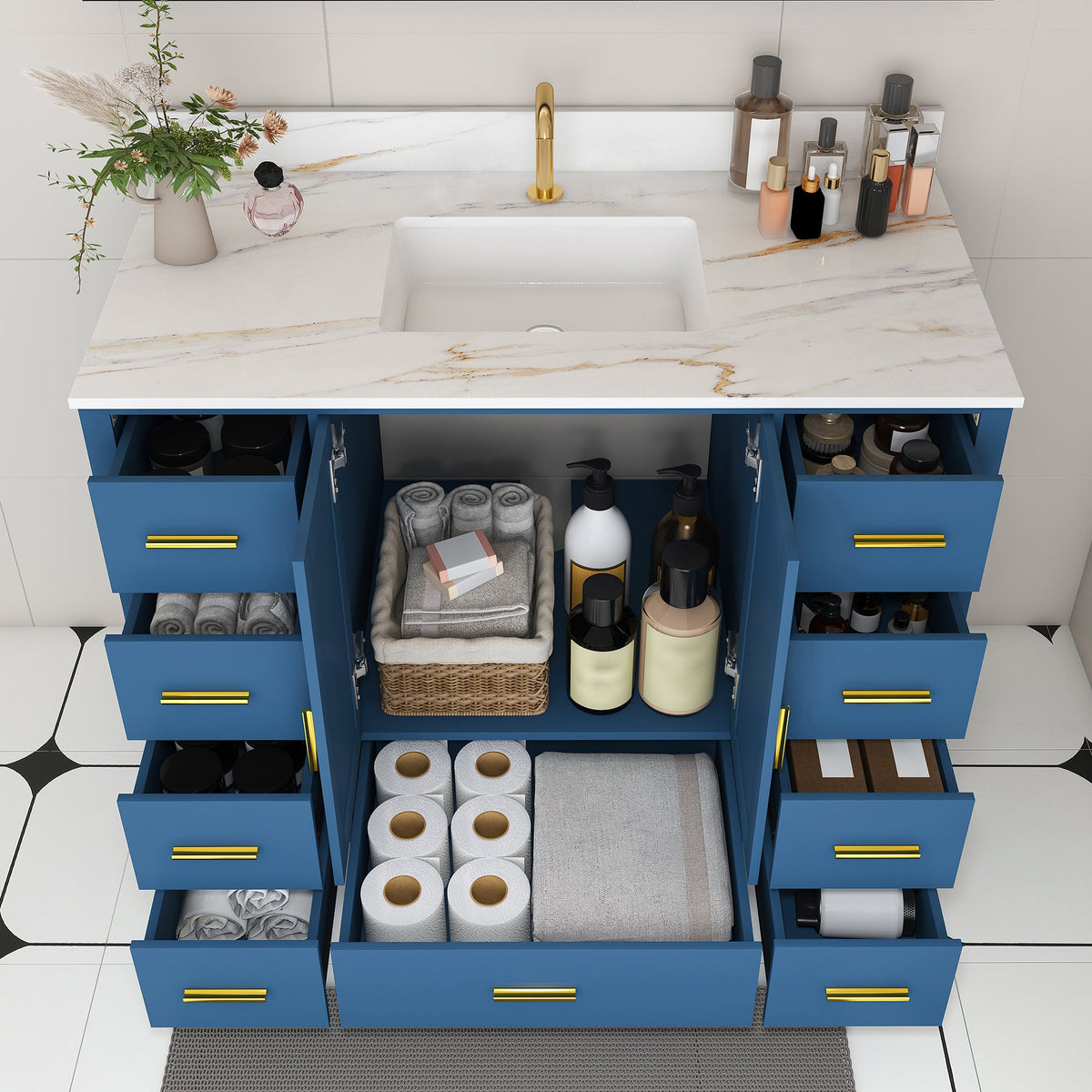 42" Modern Solid Wood Bathroom Vanity with Carrara Sink - Blue or White