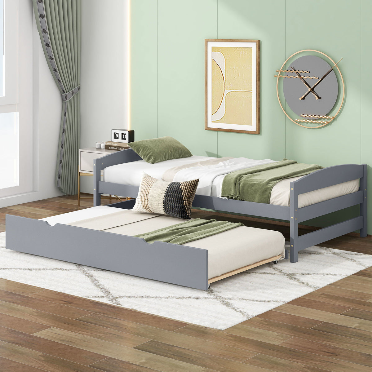 Twin Size Platform Bed with Trundle - Solid Wood Frame - Dark Gray or White