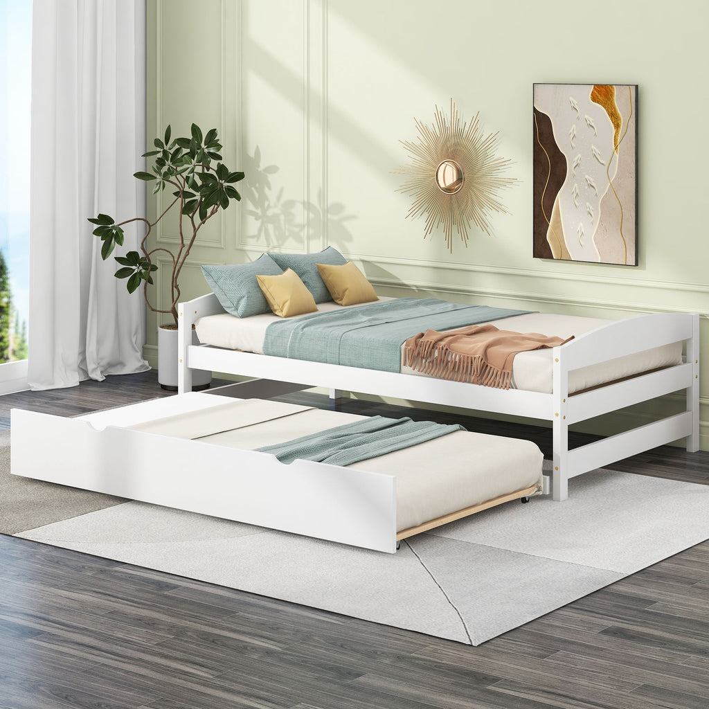 Twin Size Platform Bed with Trundle - Solid Wood Frame - Dark Gray or White
