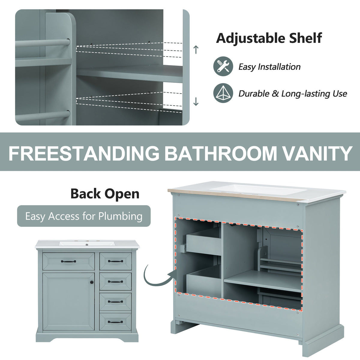 36" Bathroom Vanity with Ceramic Sink and Storage - Grey
