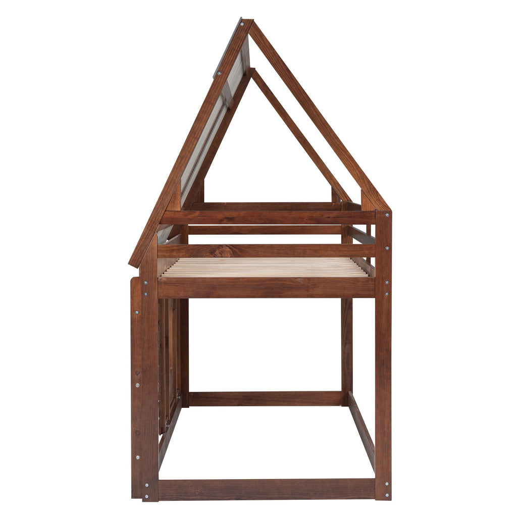 Wood Twin Size House Bunk Bed with Roof and 2 Windows - Oak & Smoky Gray