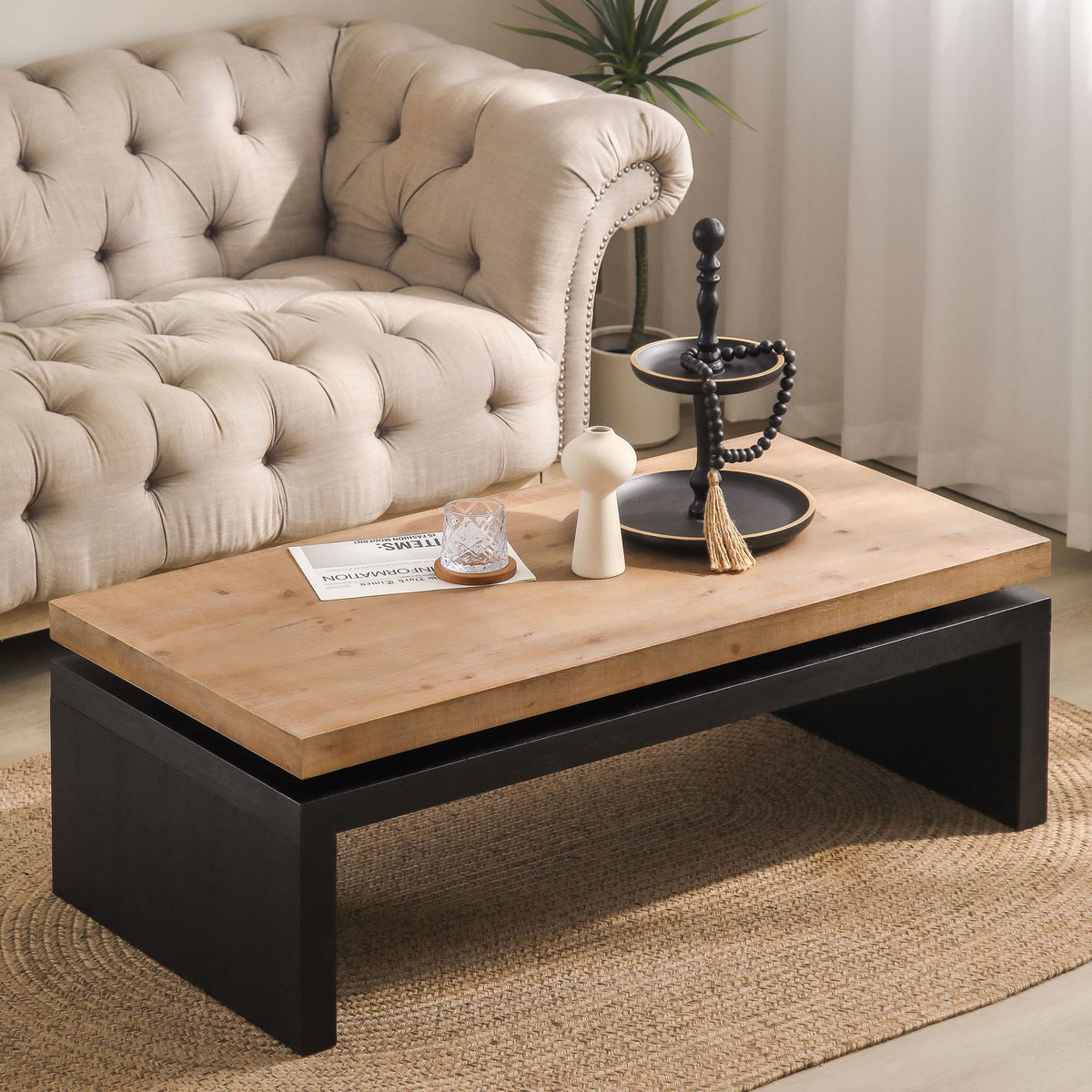 Rectangular Coffee Table with Engineered Wood Top and Black Frame - Black/Natural