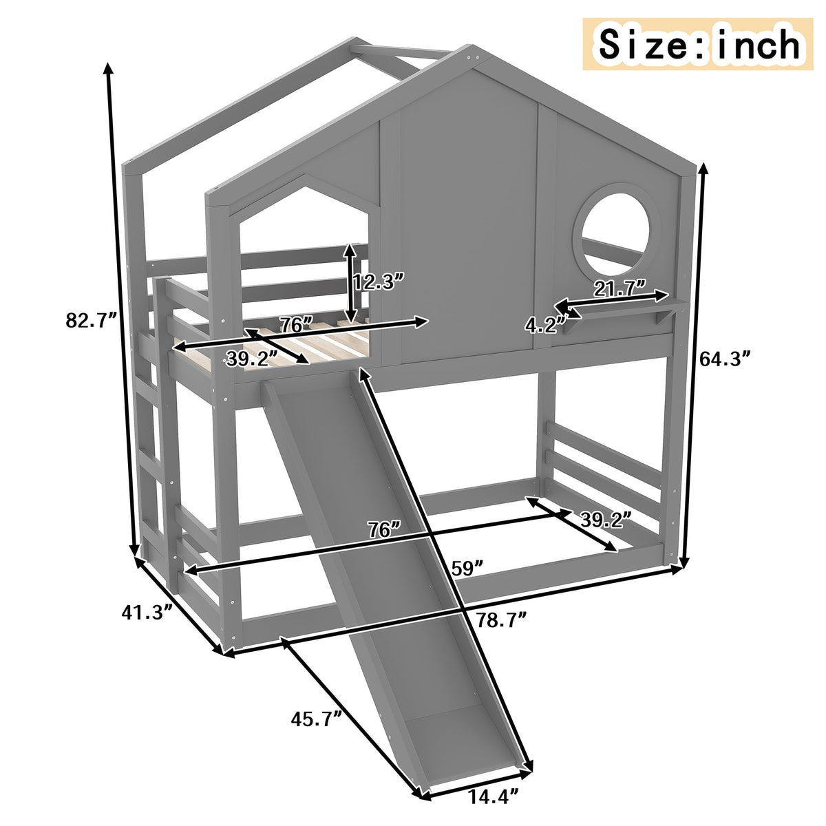 Twin House Bunk Bed with Slide and Storage Shelves - Pine Wood