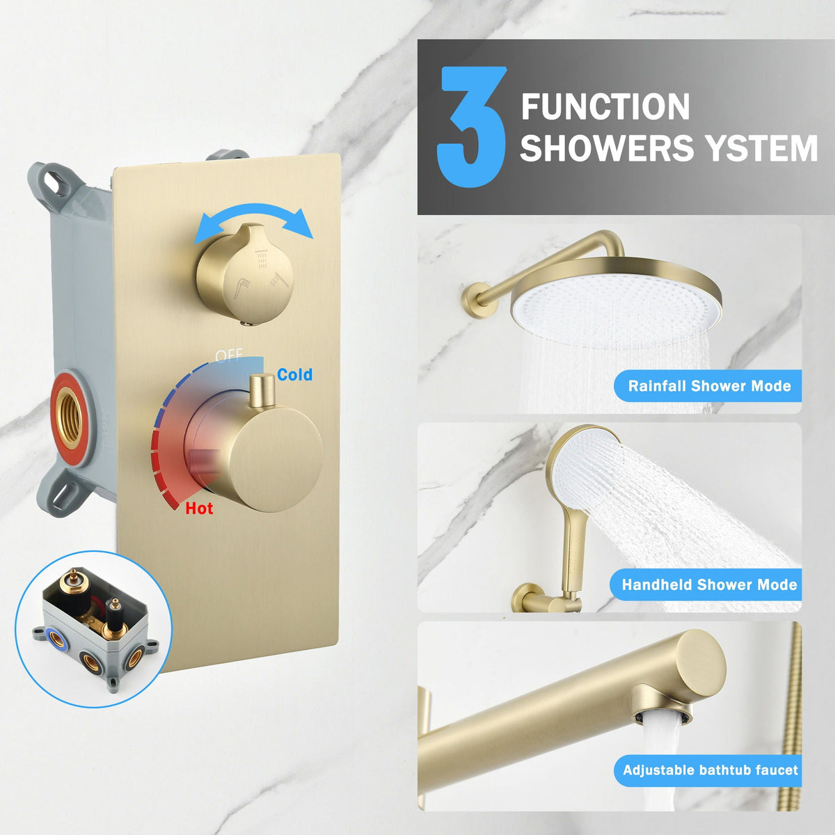 10" Shower System Set with Control Valve – Solid Brass – Gold or Black