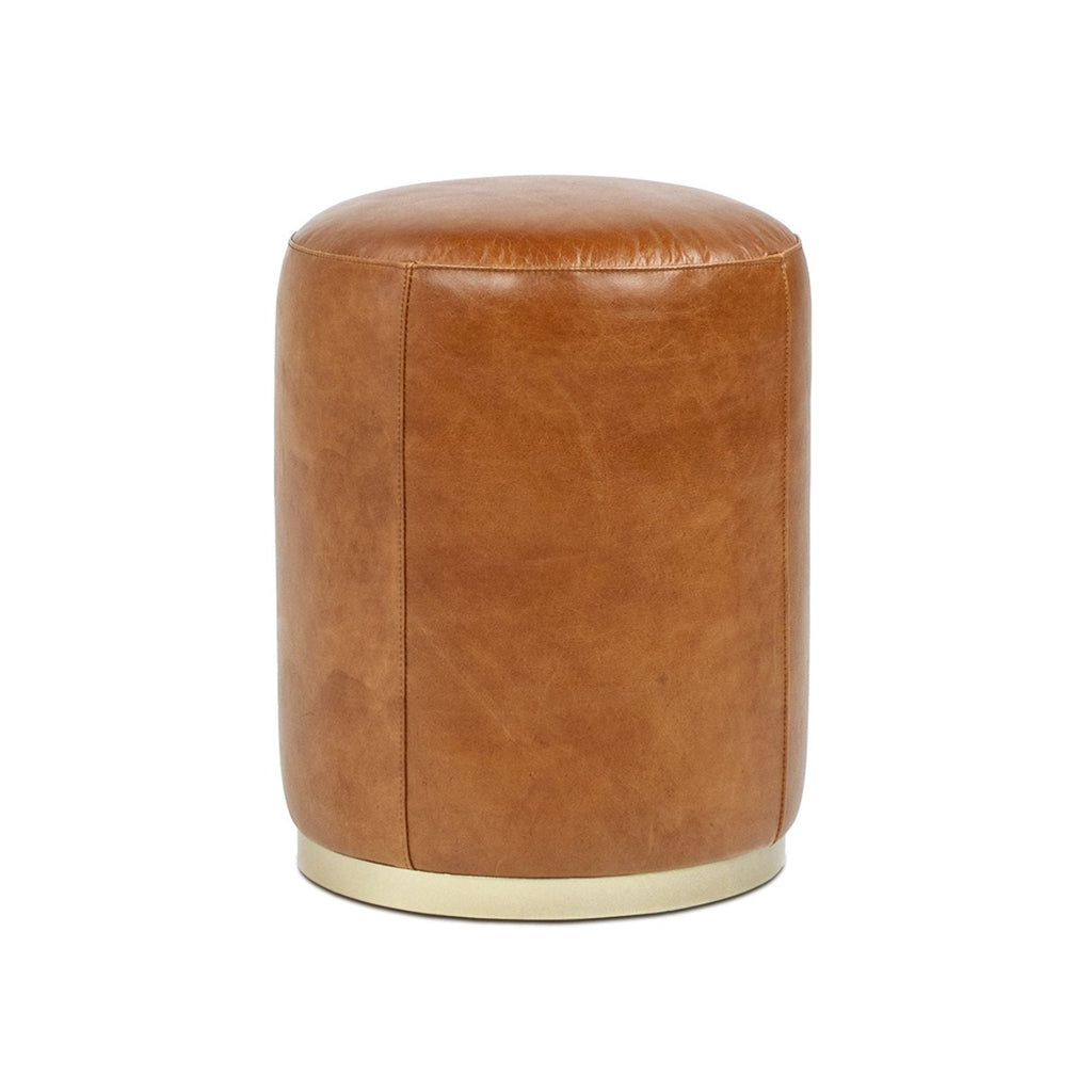 Brown Leather Round Ottoman Stool with Brass Base