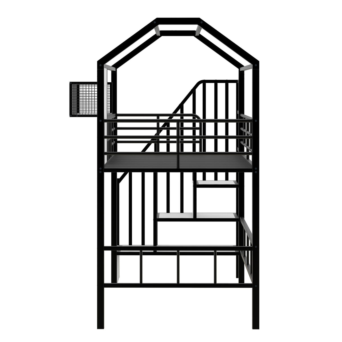 Metal Loft Bed With Roof Design and Storage Box with Guardrails and Integrated Ladder - Twin