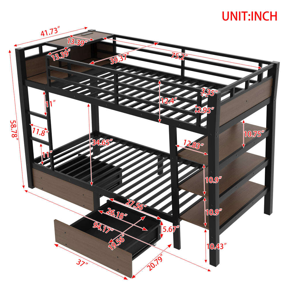 Twin Size Metal Bunk Bed with Storage Shelves and LED Light Strip - Black