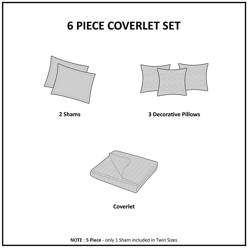 Printed Herringbone Quilt Set 6 Piece with Throw Pillows - Gray Plaid