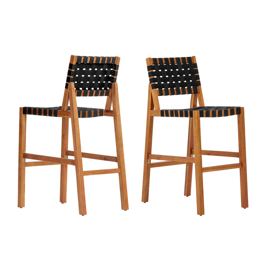 30.5" Seat Height Outdoor Acacia Side Chair with Woven Strap – Teak + Black or Teak + Beige