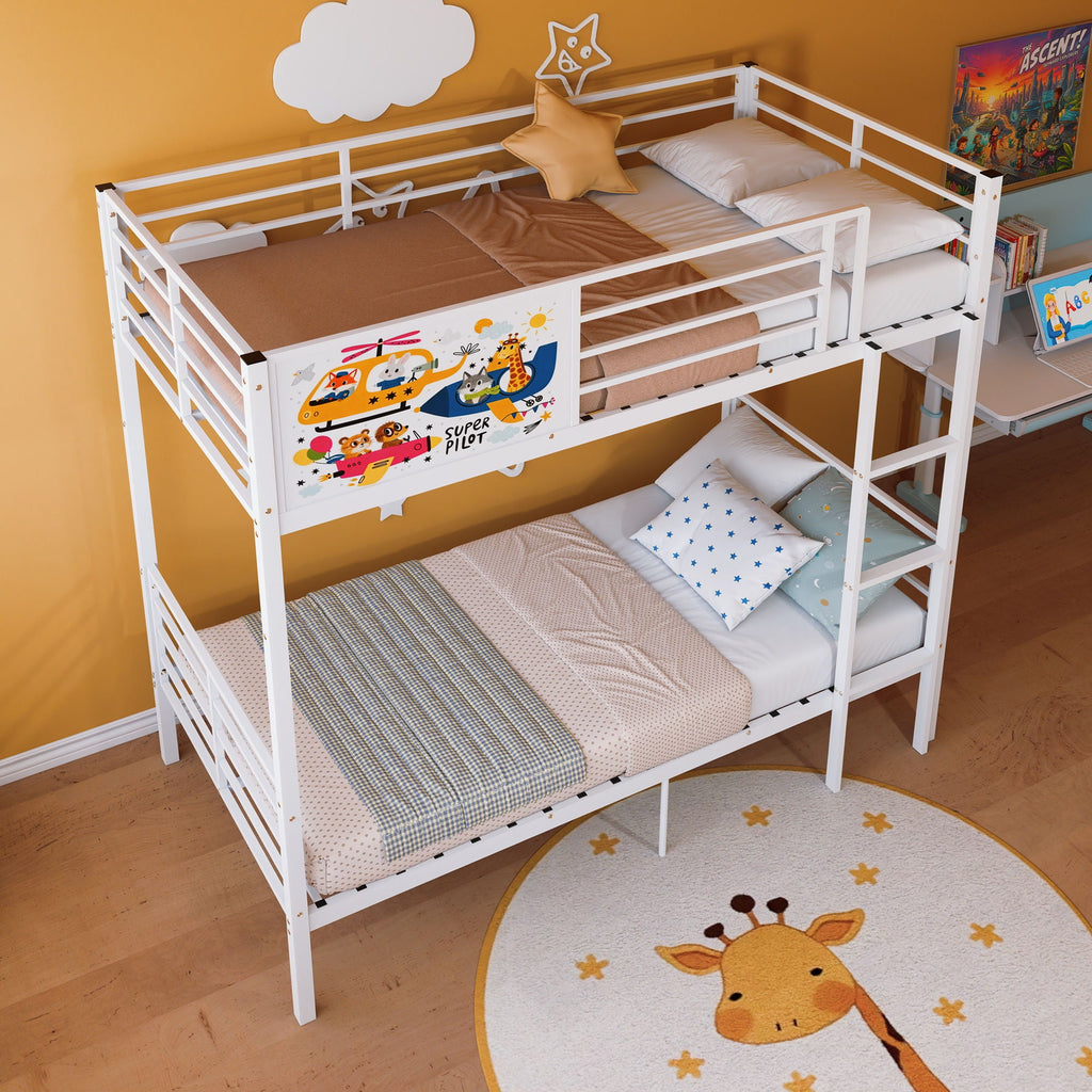 White Convertible Twin Bunk Bed with Full Length Guardrail & Ladder