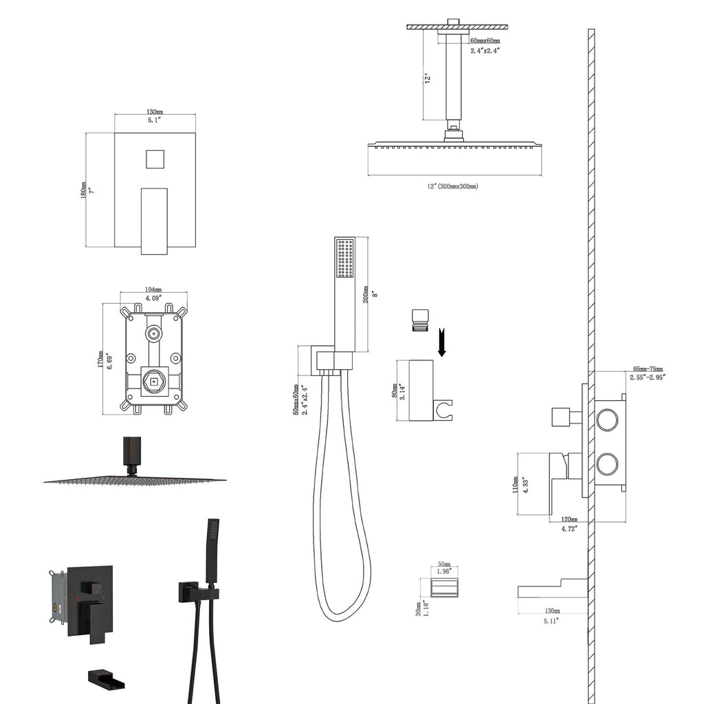 Modern Shower System with Waterfall Tub Spout - Black or Gray