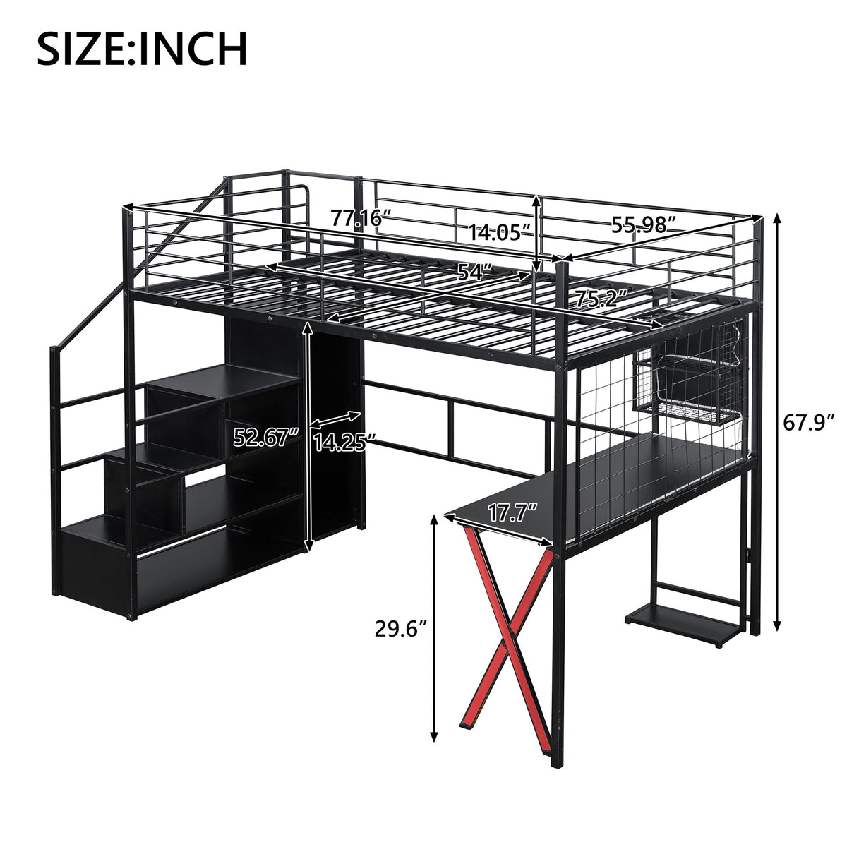 Loft Bed with Built-In Work Station, Wardrobe & Storage Staircase – White or Black