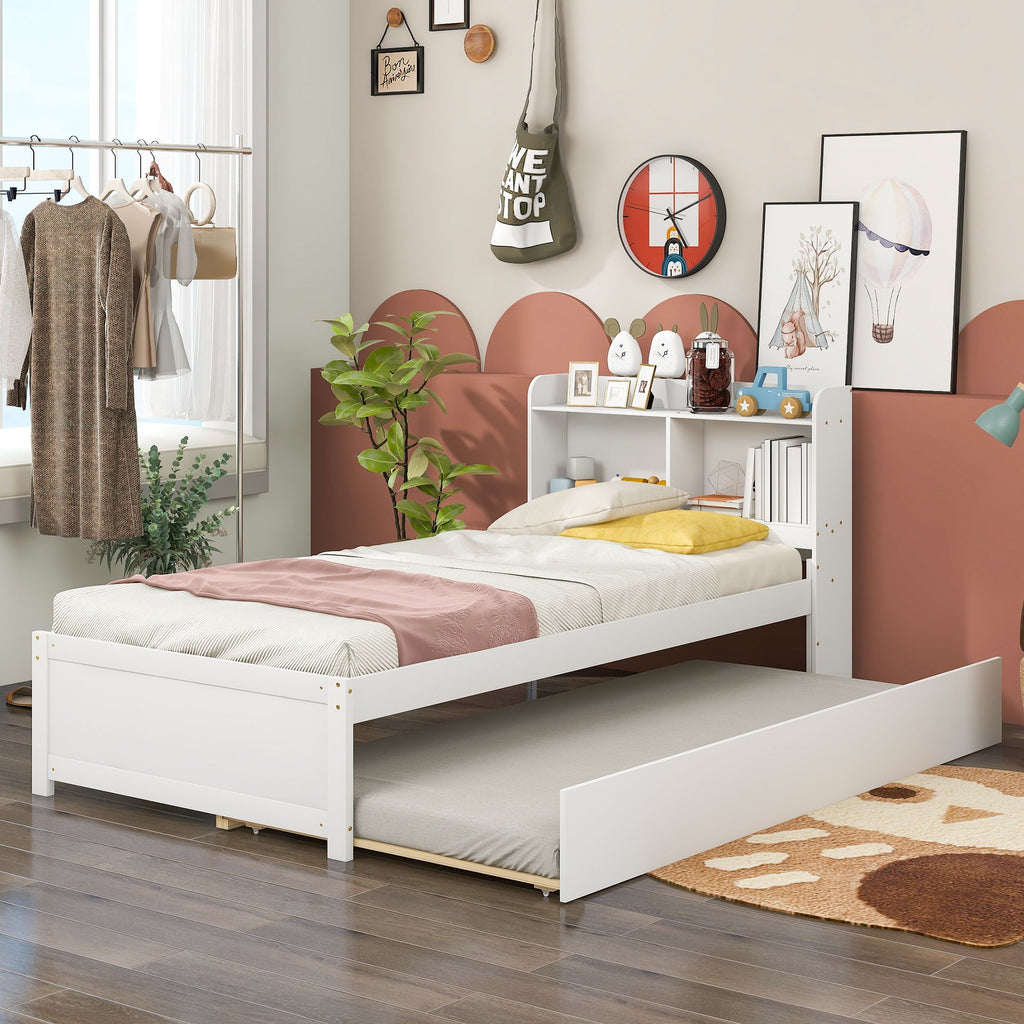 Twin Bed With Trundle and Bookcase Headboard - Wood Frame, Multiple Colors