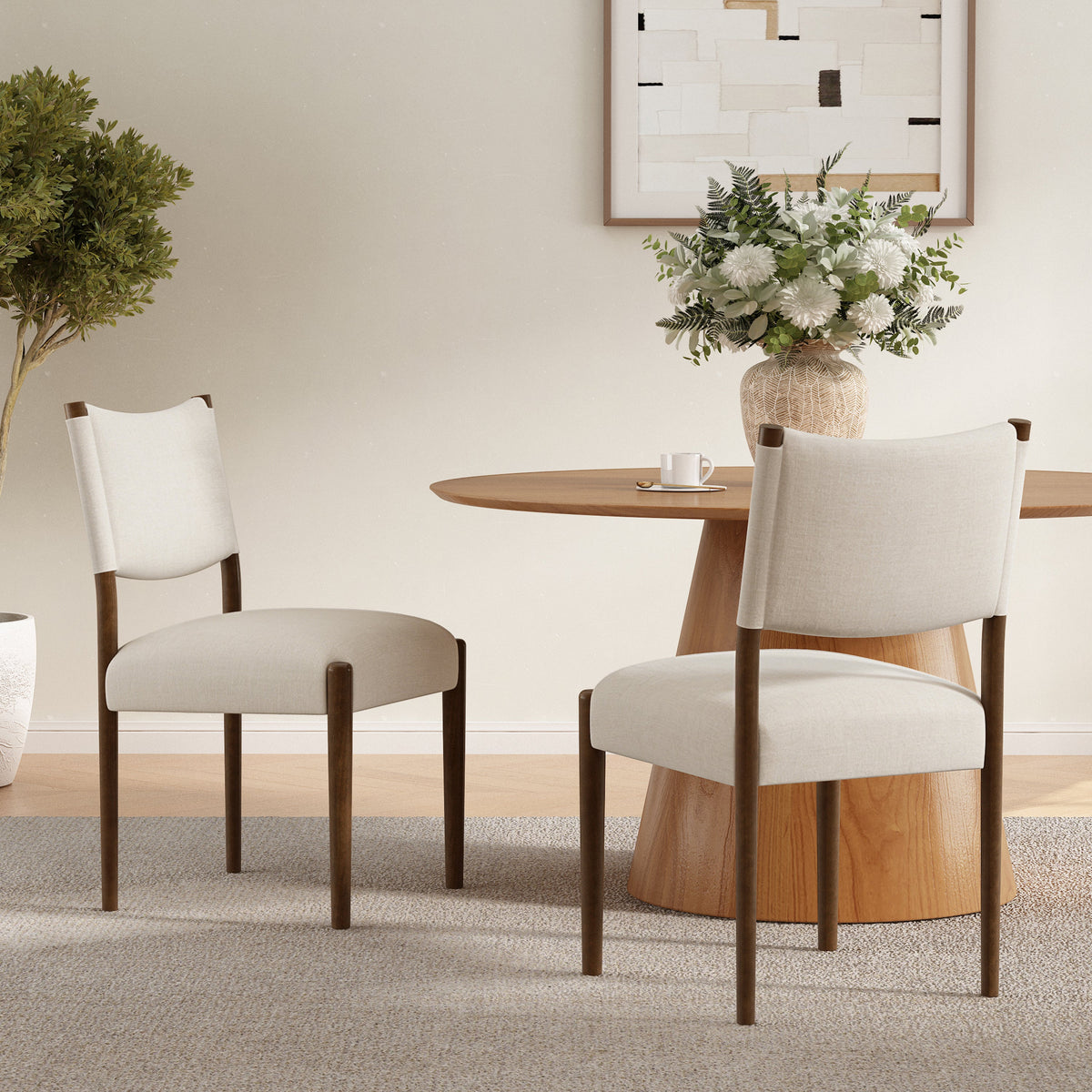Modern Dining Chair with Thick Seat Cushion and Solid Wood Legs - Walnut, Set of 2