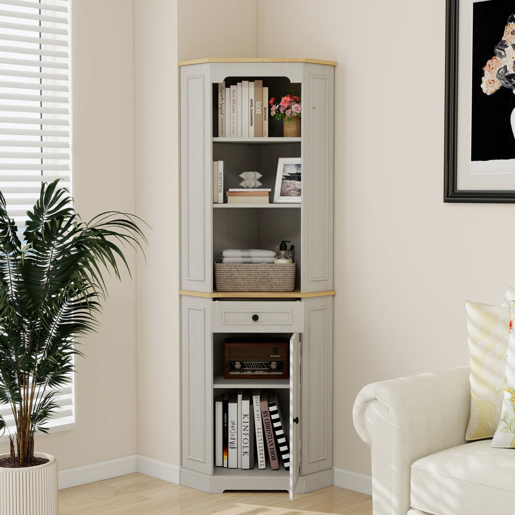 68" Tall Corner Cabinet with Door, Drawer & Adjustable Shelf - Ancient White