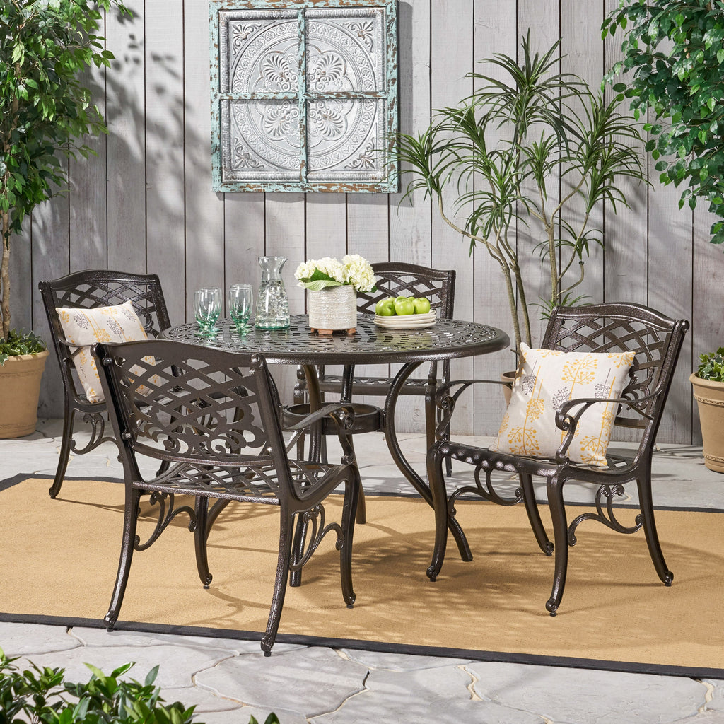 Bronze Cast Aluminum 5 Piece Patio Dining Set with Umbrella Hole