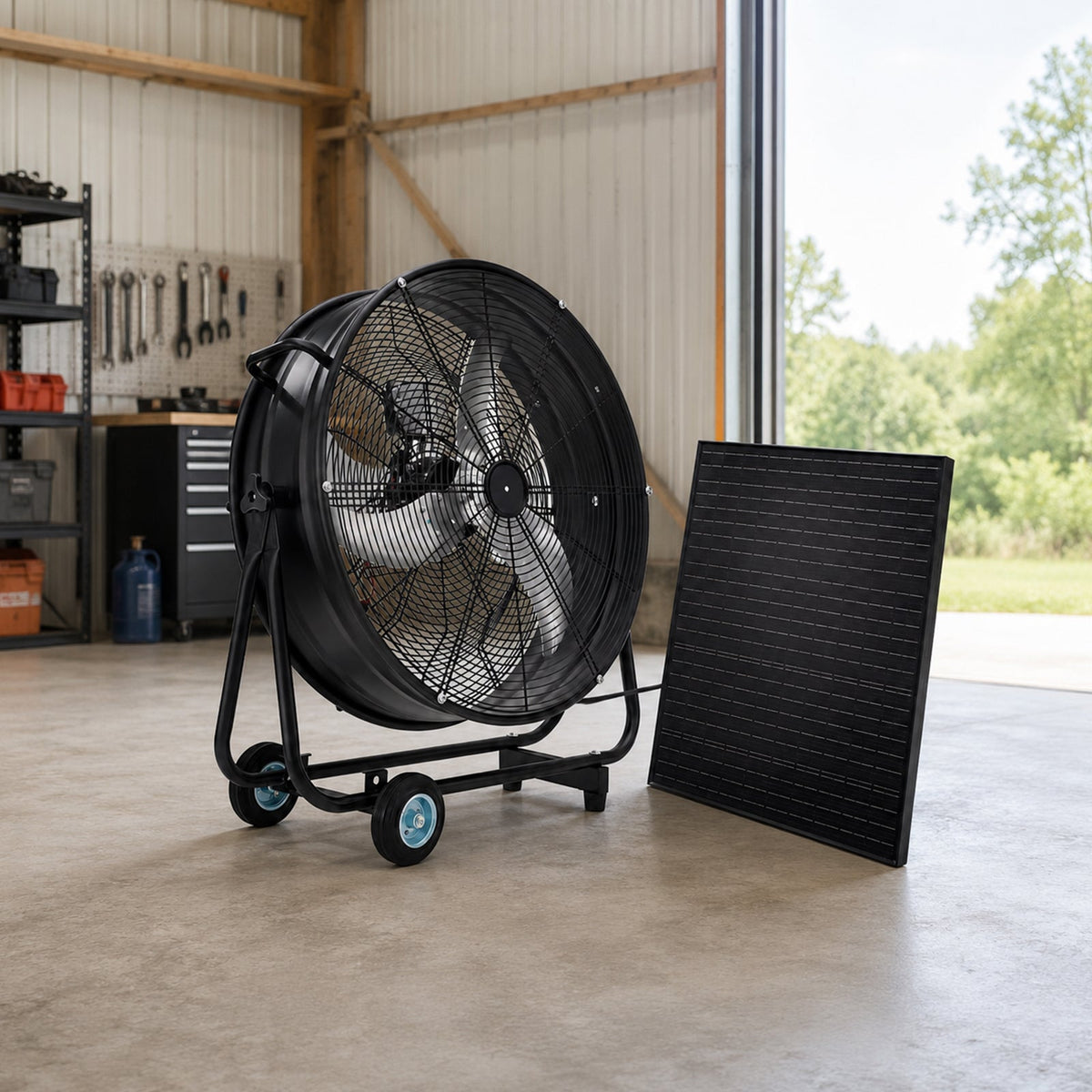 30" Wheeled Solar Fan with Adjustable Solar Panel and Remote Control - Black