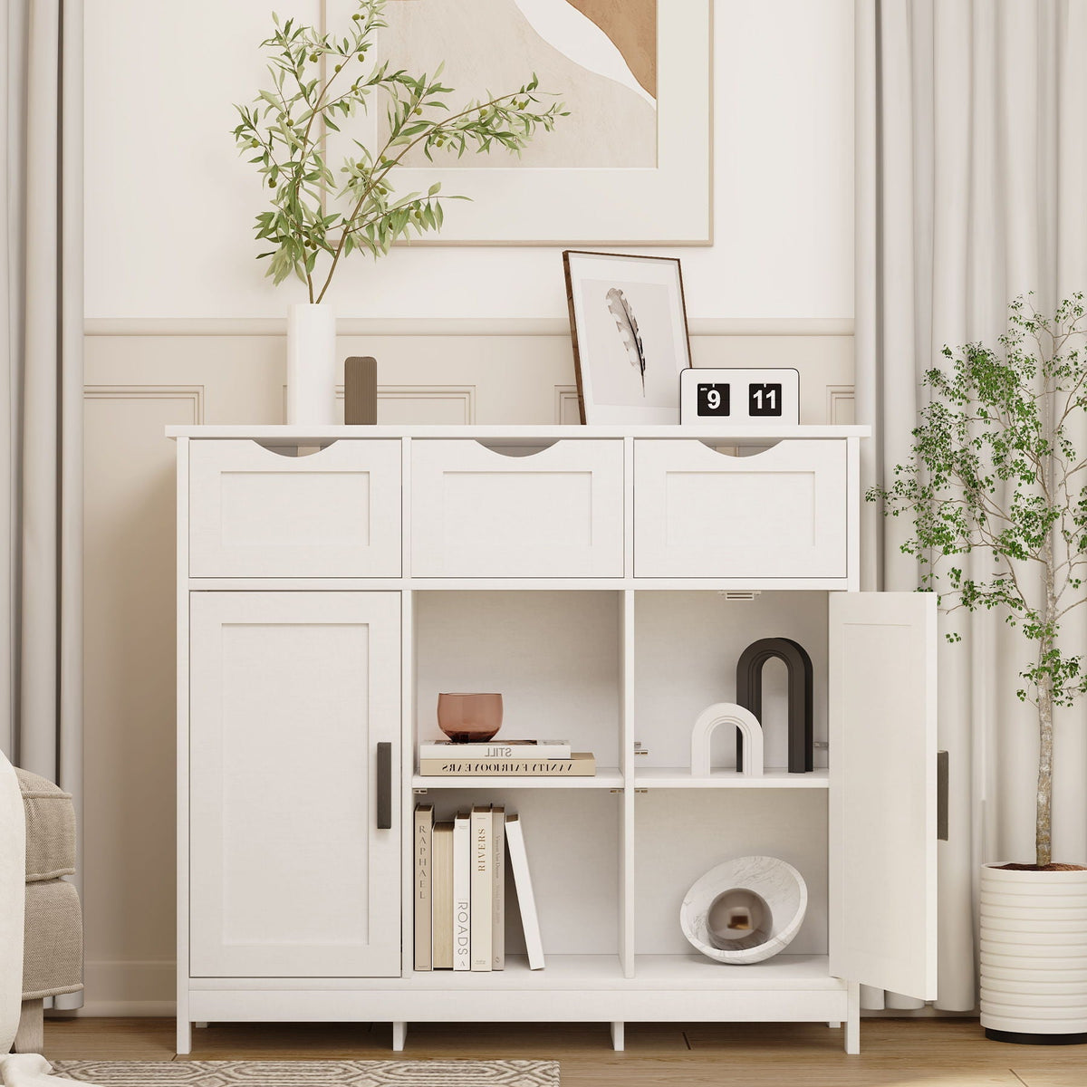 Wood Storage Sideboard with Drawers and Adjustable Shelves - White or Black