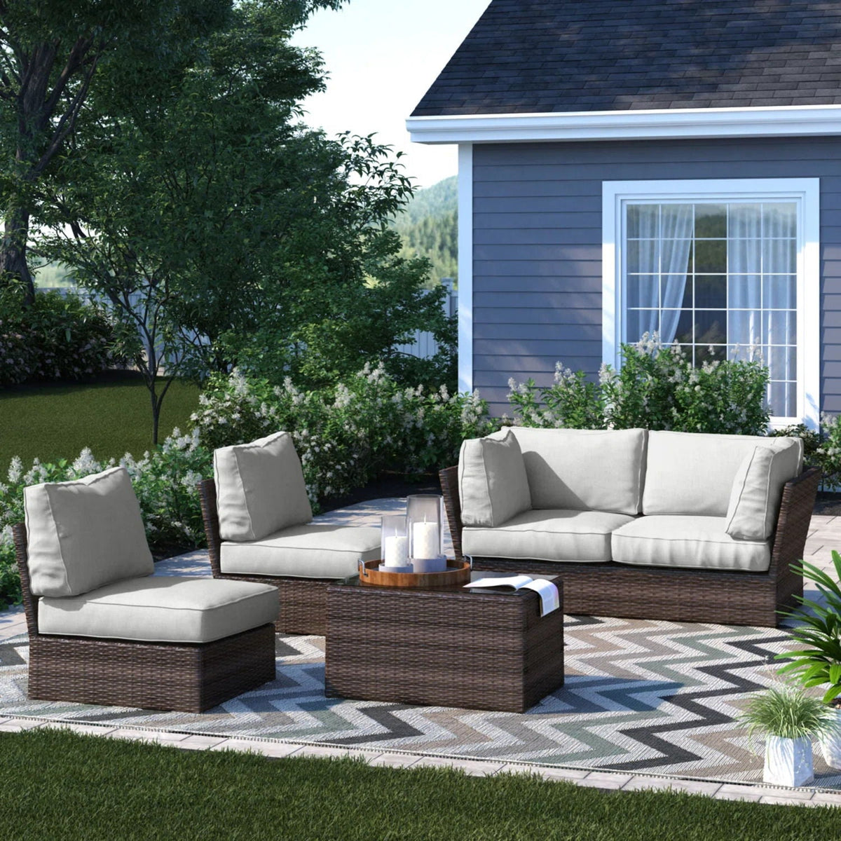 Modern Patio Rattan Sectional Set with Cushions - Multiple Colors
