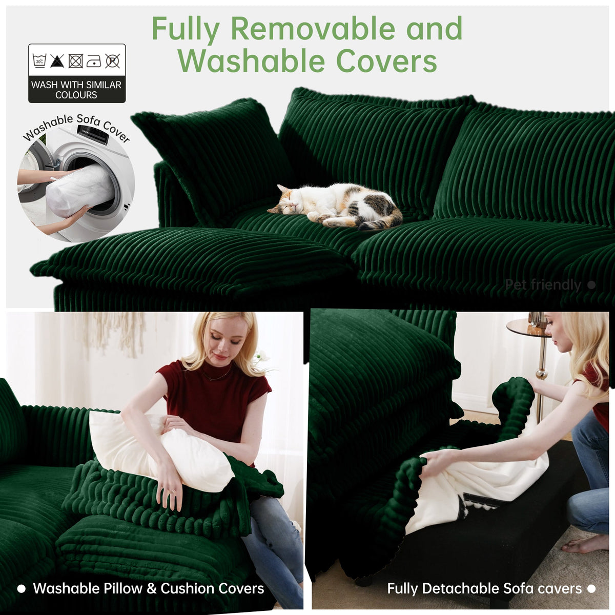 Slipcovered Sectional 2 Seater Sofa with Convertible Ottoman