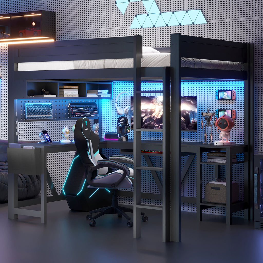 Gaming Loft Bed With Desk, Storage Shelves, LED and Charging Station - Full