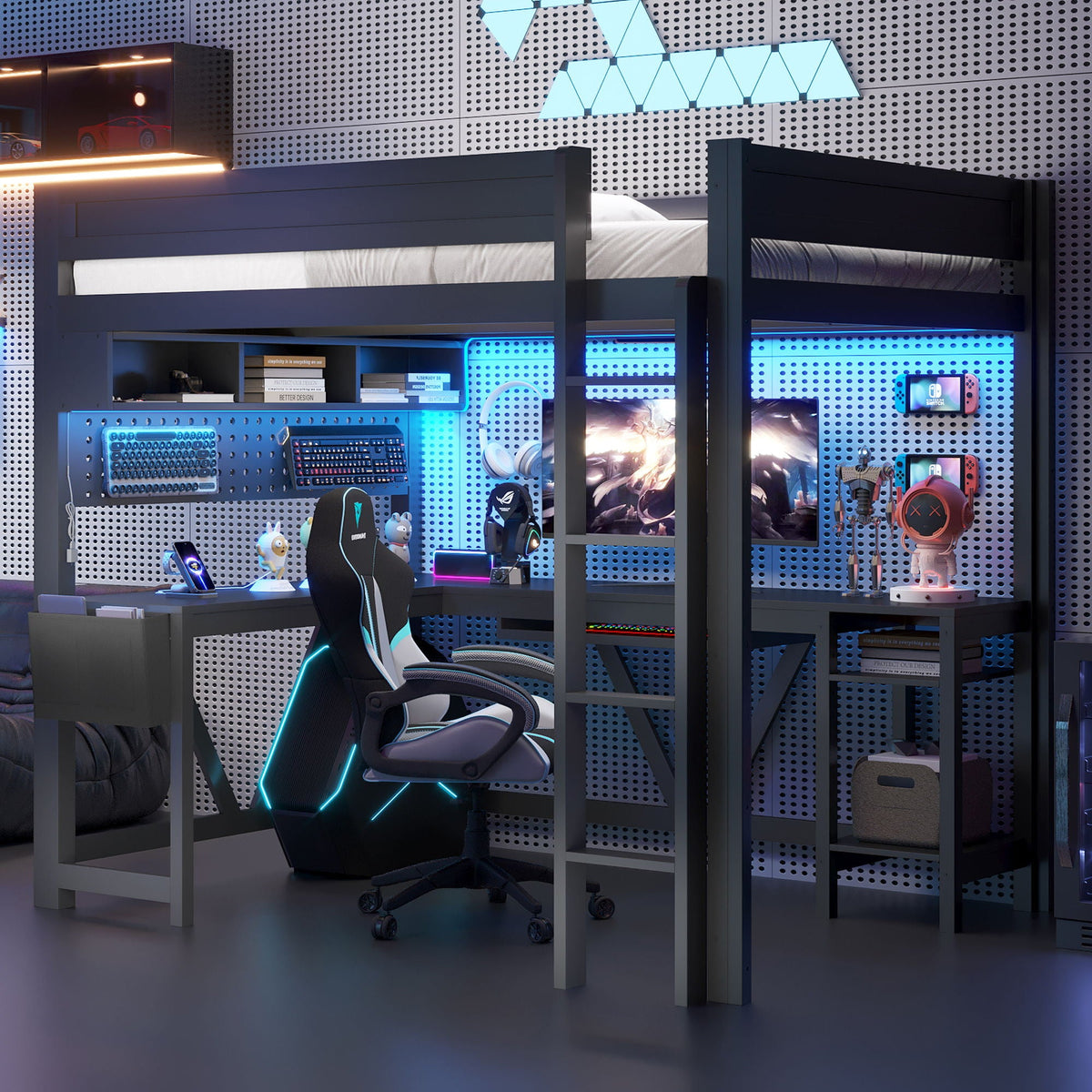 Gaming Loft Bed With Desk, Storage Shelves, LED and Charging Station - Full