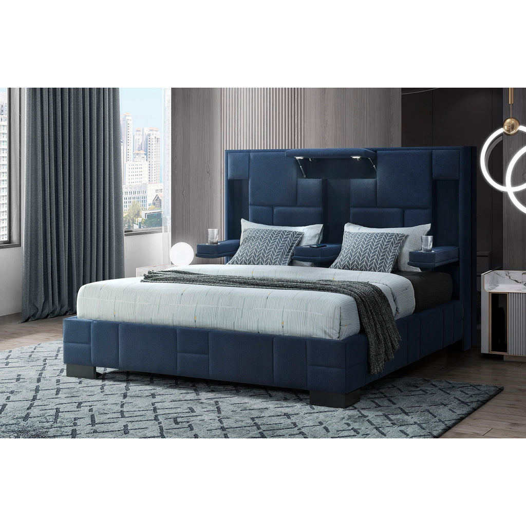 Yaris Upholstered Bed with Wireless Charging and LED Lights - Gray or Blue