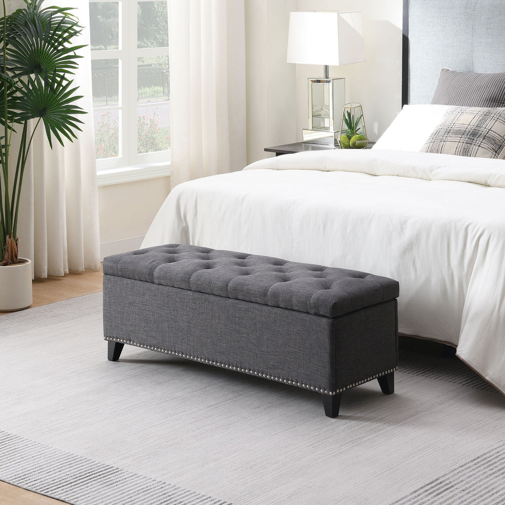 Button-Tufted Storage Ottoman with Safety Close Hinge - Light Brown or Black