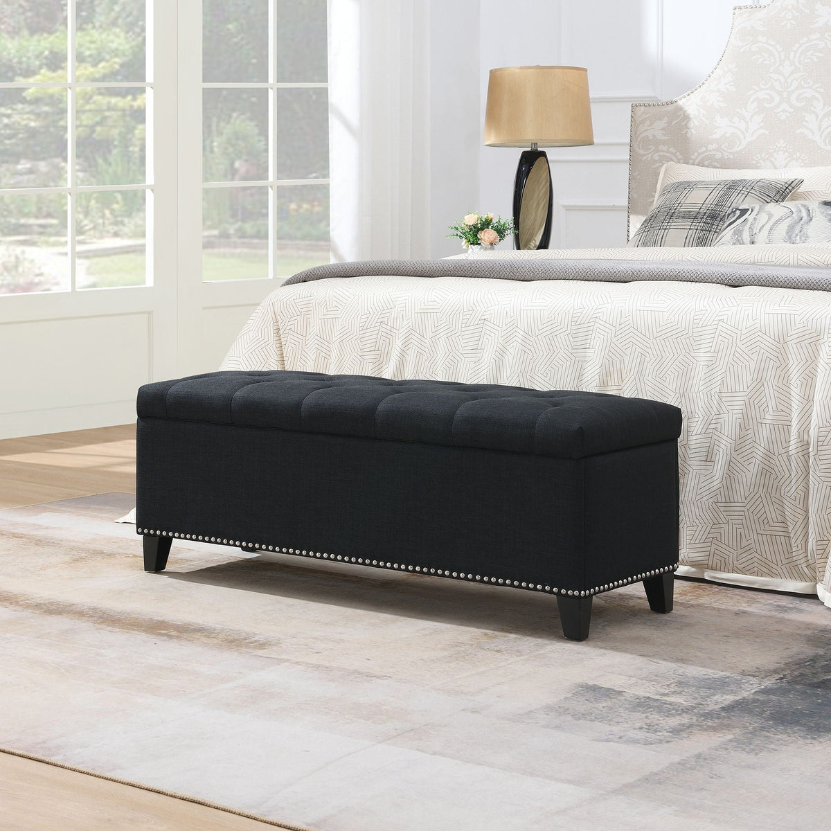 Button-Tufted Storage Ottoman with Safety Close Hinge - Light Brown or Black