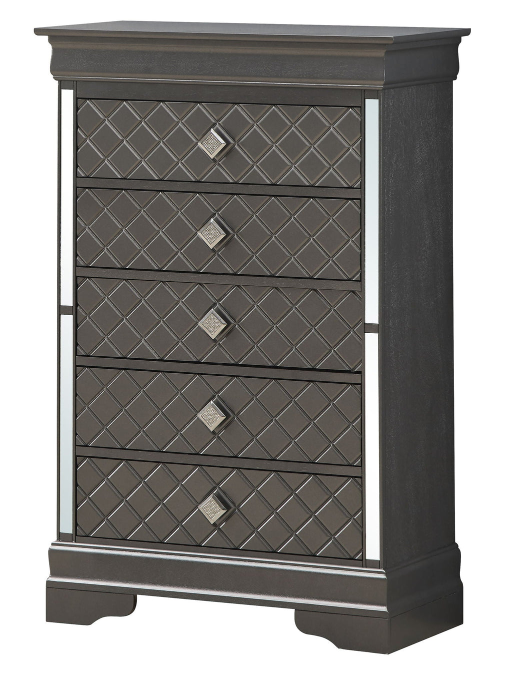 Embossed X Design Accent Chest with Crystal Pulls - Gray, Black, or Pearl Silver