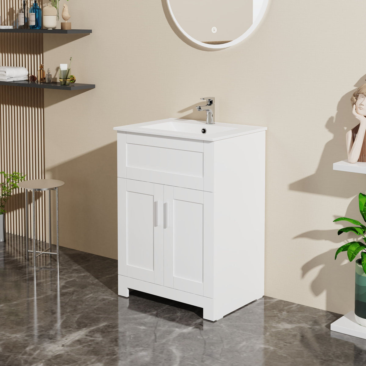 White Sink Bathroom Vanity Laundry Cabinet Combo with Ceramic Sink