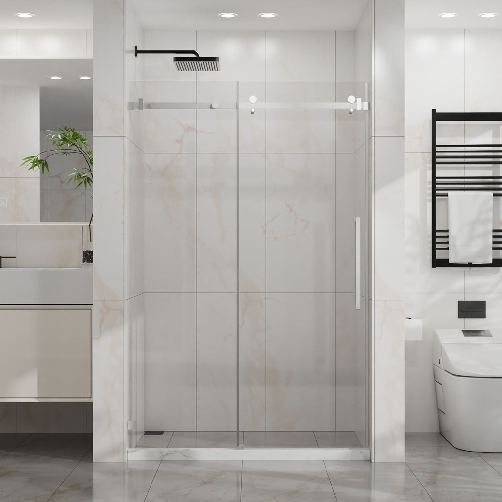 Frameless Tub Sliding Shower Door with Easy Clean Coating - Black or Pearl Silver