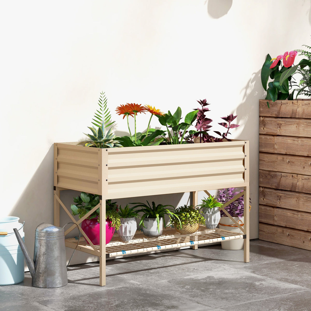 Galvanized Steel Raised Garden Bed with Bottom Shelf - Silver