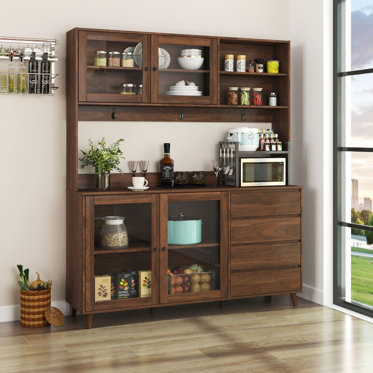 Large Kitchen Hutch Cabinet with Microwave Shelf - Walnut
