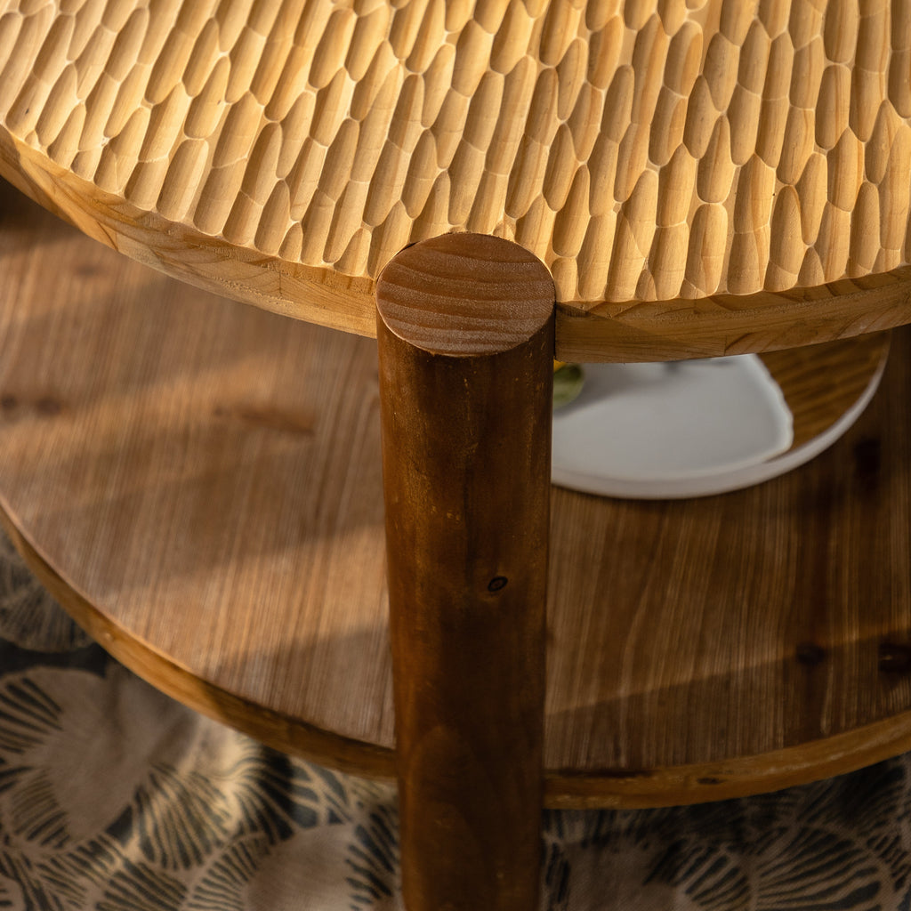 Round Coffee Table with Solid Wood Base and 2-Tier Storage - Natural