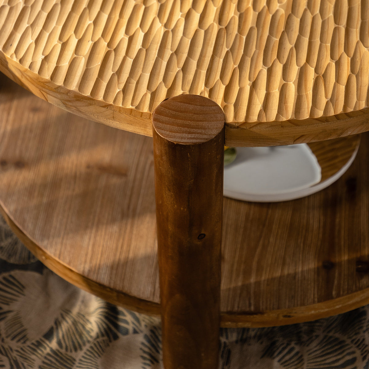 Round Coffee Table with Solid Wood Base and 2-Tier Storage - Natural