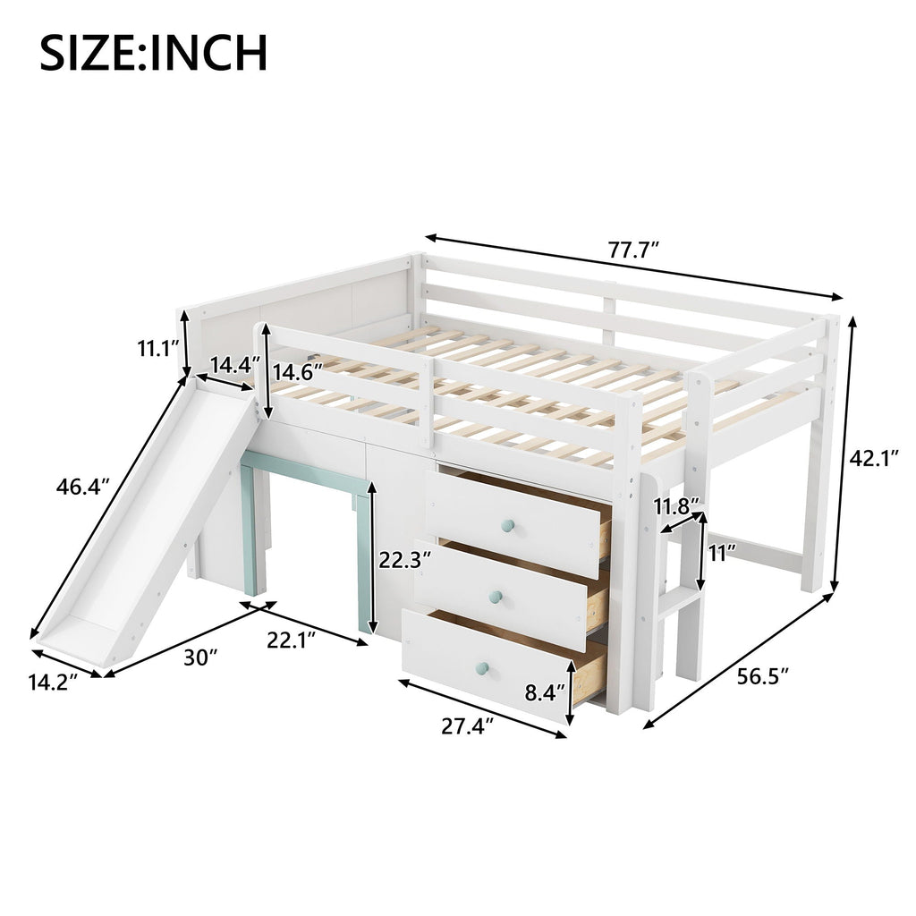 Modern Low Loft Bed with Slide, 3 Storage Drawers and 2 Doors - White