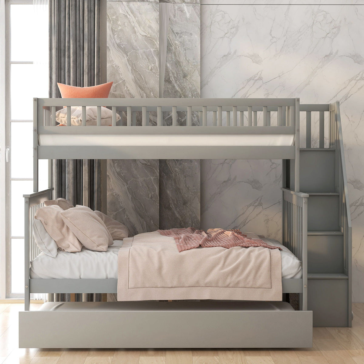 Bunk Bed with Staircase and Storage Options - Dark Gray or White