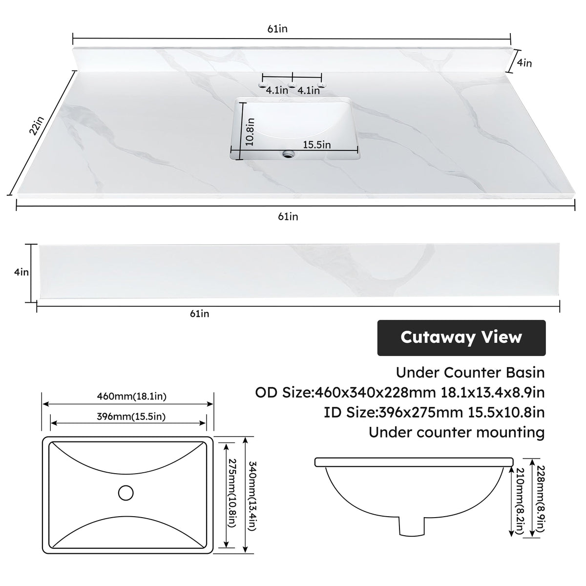 61-Inch Quartz Bathroom Vanity Top with Undermount Sink - Carrara Finish
