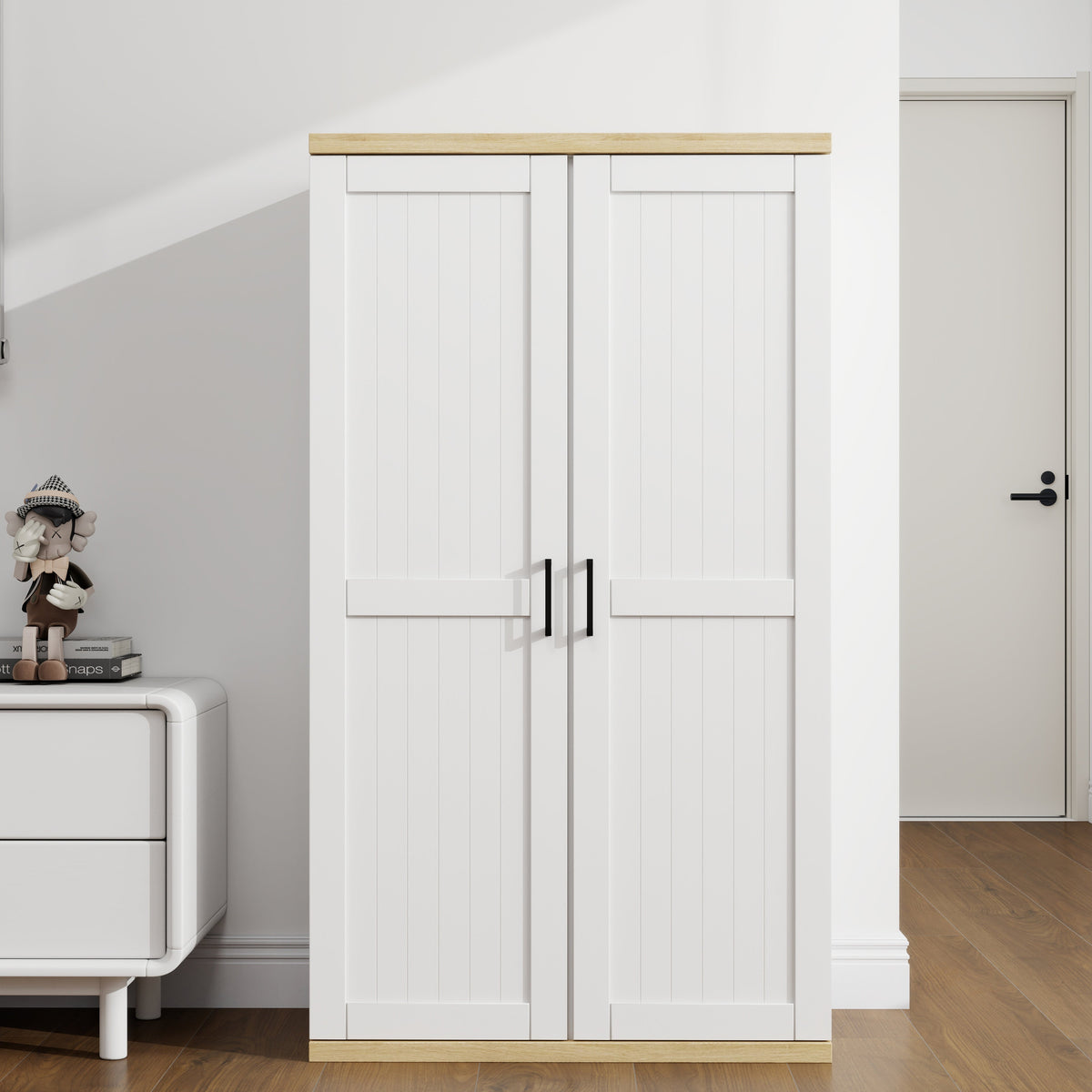Tall Wooden Vacuum Storage Cabinet with Adjustable Shelf - White