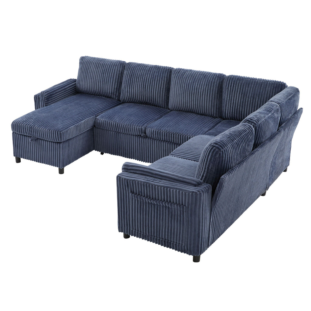 Convertible U-Shaped Sectional Sofa Bed with USB Ports and Storage – Black, Dark Gray, Blue
