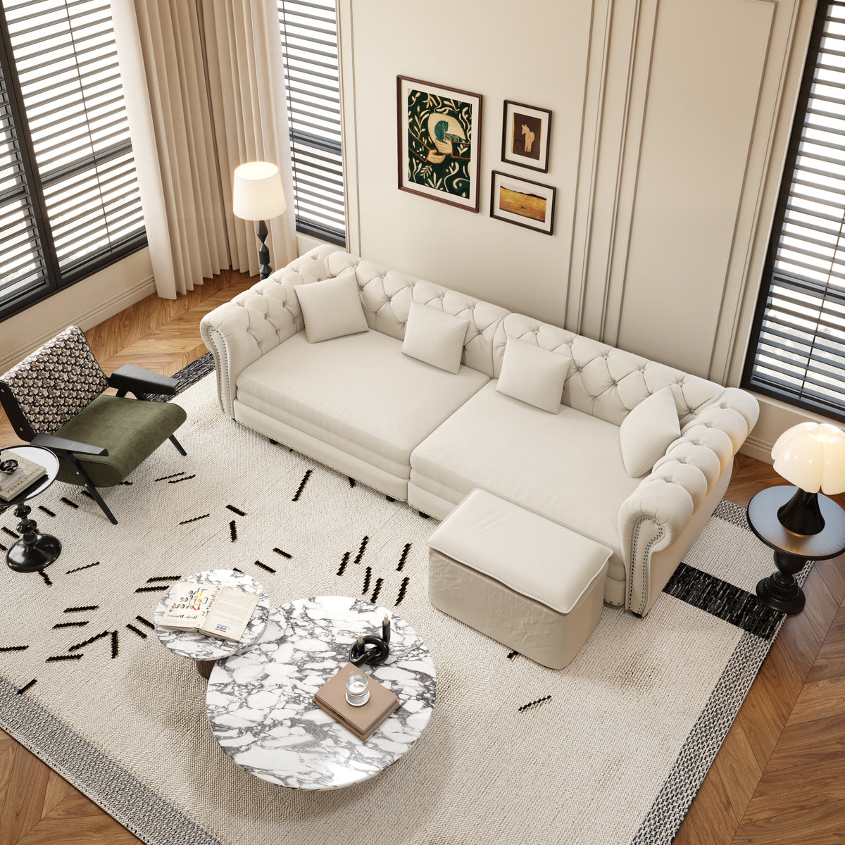 Chesterfield 3-in-1 Pull-Out Sofa Bed with Ottoman - Velvet