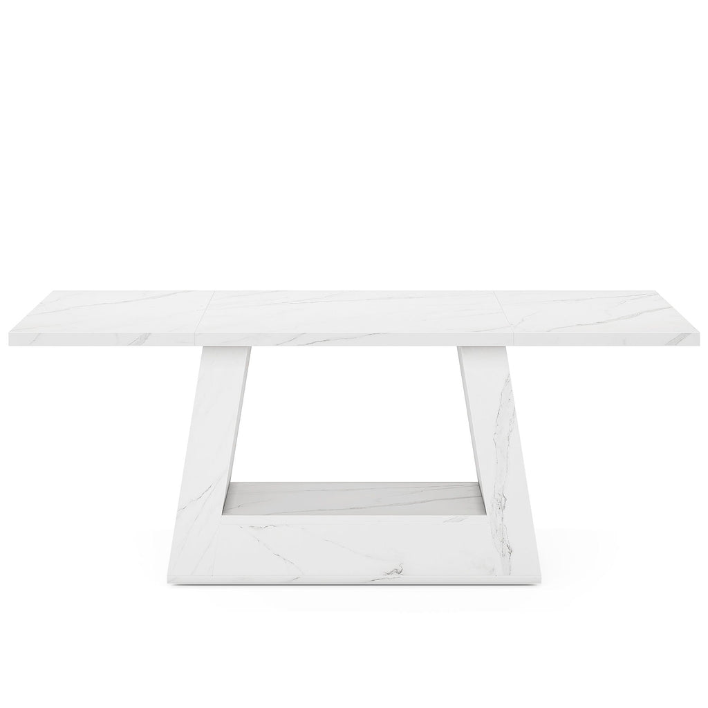 White Dining Table for 4–6 with Trapezoid Base - Faux Marble Finish