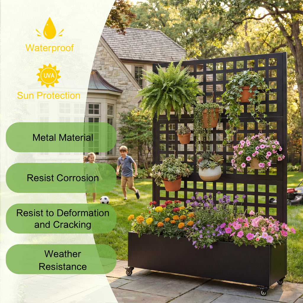 Metal Raised Garden Bed with Wheels and Trellis - Black